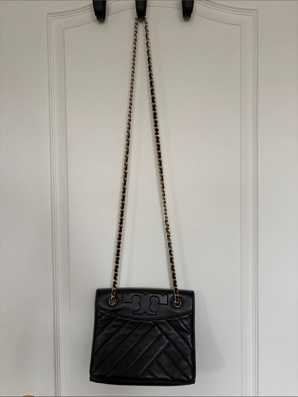 Tory Burch Black Quilted Leather Shoulder Bag with Gold Chain